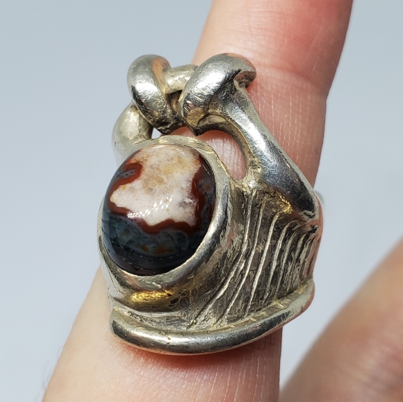 SOLD Modernist Sterling Silver Multicolor Agate Ring - Picture 11 of 11